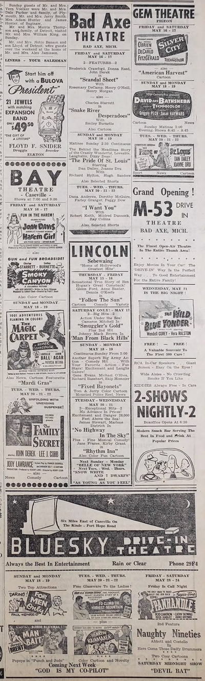 Pigeon Progress Fri May 16 1952 theater ads M-53 Drive-In Theatre, Bad Axe